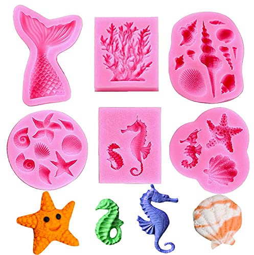 TROYSINC Silikonform meerjungfrau,6 Stück Tier Silikonform Set,DIY Silikon Seifenform,Silikon Fondant Kuchen Formen,3D Ozean Tier silikonformen,Silikonformen Backen Set