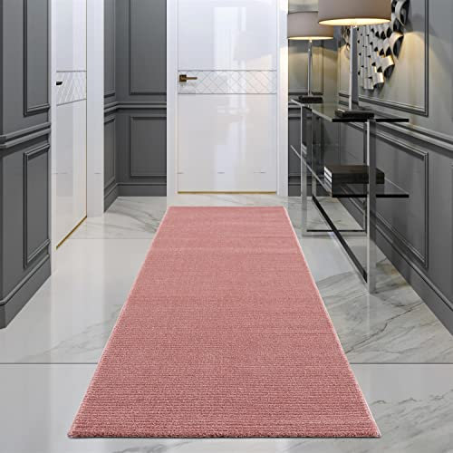 Teppich Läufer Flur - Einfarbig, Rosé - 80x300 cm - Flachflor-Teppiche Schlafzimmer - Hochtief-Effekt/ 3D-Optik - Streifen-Muster - Läufer-Teppich Uni - Flurläufer Kurzflor, Wohnzimmerläufer, Brücke