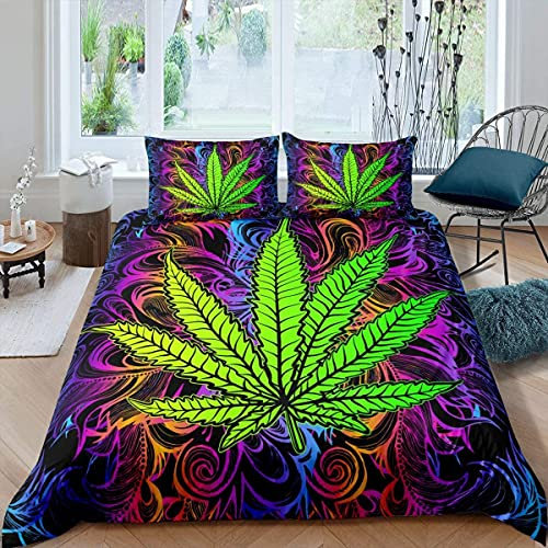 Sunnybed Marihuana Weed Blatt Bettwäsche Set,Cannabisblätter Trösterbezug für Kinder Teens Erwachsene Frauen Schlafzimmer,Marihuana Kraut Ganja Bettbezug 220x240,bunter Heller Blatt Bettbezug,lila