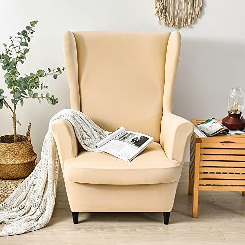 CHNSHOME Sesselhusse Ohrensessel 2 Stück Sesselbezug Sessel-Überwürfe Stretch Sesselüberzugs Ohrensessel Überzug Beige B
