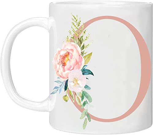 MOBILE STUFF Personalised Floral Mug Letter O - Any Alphabet 11oz Ceramic Coffee/Tea Cup Gift for Christmas, Birthday, Mother’s Day or Father’s Printed Glitter, NOT Real Glitter (Rose O)