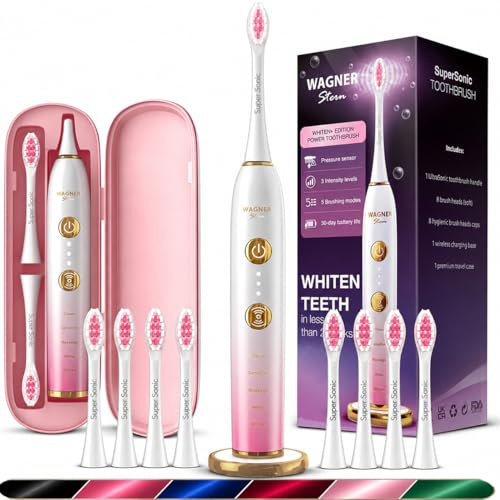 Wagner Stern WHITEN+ Edition. Whitening Electric Toothbrush with Pressure Sensor. Offers 5 Brushing Modes, 3 intensities, 8 Soft Brush Heads, and a Luxury Travel case.