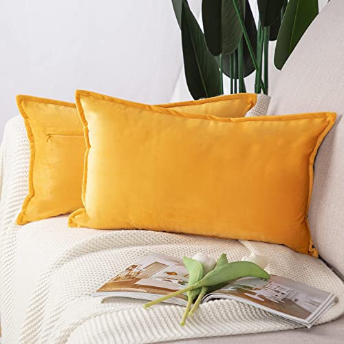 Madizz 2er Set Samt Dekorativ Zierkissenbezüge Luxus Stil Kissenbezug für Sofa für Schlafzimmer Gelb 30x50 cm Rechteckigig