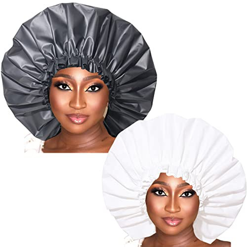 FIWOODELF Jumbo Shower Caps 2 Packs Waterproof & Adjustable & Reusable Shower Cap for Women Extra Large Shower Cap Bath Hair Caps(Black and White)