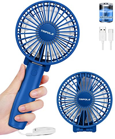 TriPole Handheld Fan Rechargeable, 4800mAh Foldable Battery USB Desk Fan, 6-21hrs Personal Pocket Fan, 3-Speed Mini Handheld Fan 180°Adjustable Portable Fan Handheld for Indoor, Outdoor-Navy Blue