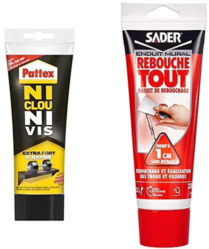 Pattex Ni Clou Ni Vis Extra Fort & Rapide, colle de fixation surpuissante, colle rapide qui permet une prise instantanée, colle blanche, tube 260 g & Sader Rebouche Tout – Enduit de Rebouchage