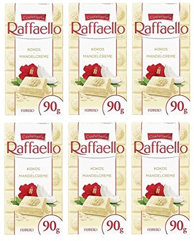 6x Ferrero Raffaello Crema di Mandorle e Cocco Gefüllte Weiße Schokolade mit Mandelcreme und Kokos 90g Riegel