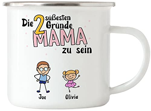 Kiddle-Design Muttertag Emaille Tasse 2 Gründe Mama zu sein Muttertagsgeschenk mit Spruch Geschenk von Kindern für Mutter Geburtstag Muttertagstasse