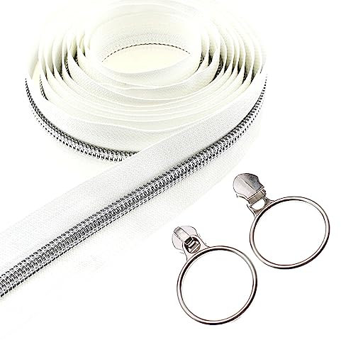 Leekayer #5 Silber Metallic Nylon Spule Reißverschlüsse durch die Meter Bulk 10 Yards Weiß Reißverschluss Band mit 25pcs Silber Ring Pull Sliders für DIY Nähen Schneider Handwerk Tasche (Weiß)