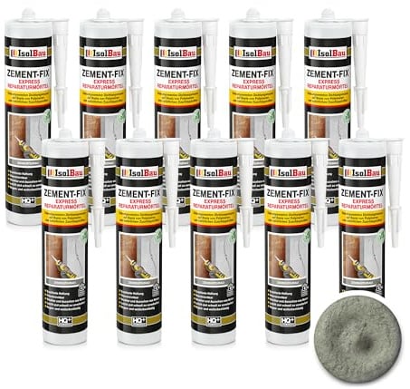 Isolbau Zement-Fix 10 x 300 ml Zementgrau Express Reperaturmörtel - Dichtungsmasse für Fugen & Risse im Innen- & Außenbereich, Kartusche