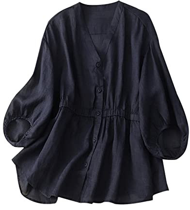 QUINTRA Damen-Freizeithemd aus Baumwollleinen mit V-Ausschnitt, Taille und Gürtel, halblangen Ärmeln, lockere Passform und schlankmachendes Design für einfaches Anziehen Pullover Glitzer (Blue, XXL)