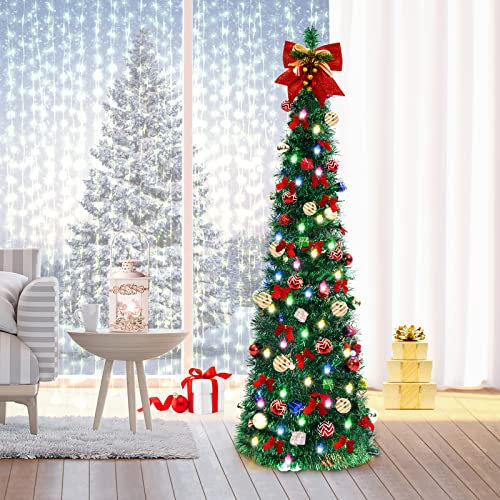 FHOZGECY Pop Up Collapsible Tree, 5FT with 30 LED Multi-Color Lights, Tinsel Pencil Tree with Ball Bowknot Gift Box for Indoor, Party, Xmas Home Decor