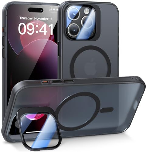 Meifigno Schutzhülle kompatibel mit iPhone 15 Pro Hülle mit Ständer, [Kompatibel mit Magsafe & Kamera Halter Schutz] Handyhülle für iPhone 15 Pro 6.1, Transparente Matte Rückseite Case, Schwarz