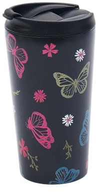ECO CHIC Reusable Thermal Coffee Cup Stainless Steel Leakproof Insulated 330ml Travel Mug (Monarch Butterflies Black)