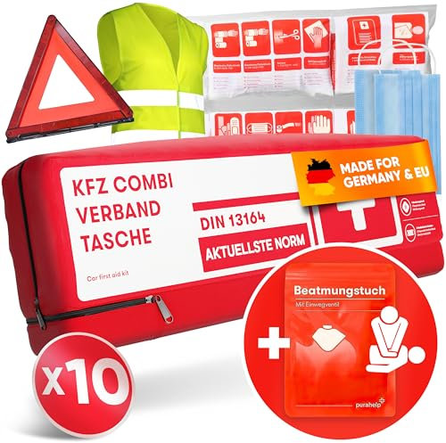 PURAHELP 10x KFZ Kombitasche nach aktueller Norm 2025 DIN 13164 (StVO konform) - Inkl. Warndreieck, Warnweste - Verbandskasten Warndreieck Set Auto Verbandskasten 2025