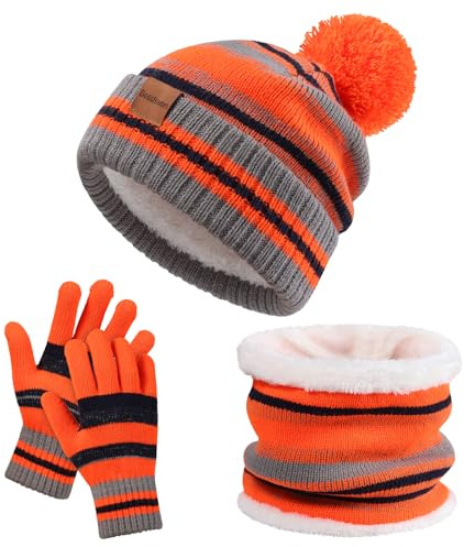 Kids Winter Hat Gloves Scarf Set: Girls Boys Children Beanie Gloves Neck Warmer Knit Set with Thick Warm Fleece Lined For 6-10 Years Old - Orange