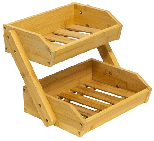 Woodside 2-Tier Bamboo Fruit & Vegetable Rack Holder, Decorative Produce Organiser for Kitchen/Shop Counter/Market Stall, Wooden Bread Storage Stand