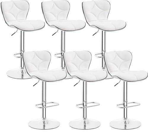 Yaheetech Lot de 6 Tabourets de Bar Réglables en Hauteur Revêtement en Similicuir Chaises de Bar Sièges Pivotant sur 360° Design Ergonomique et Capitonnée Tabourets Hauts Dossier Repose-Pied Blanc