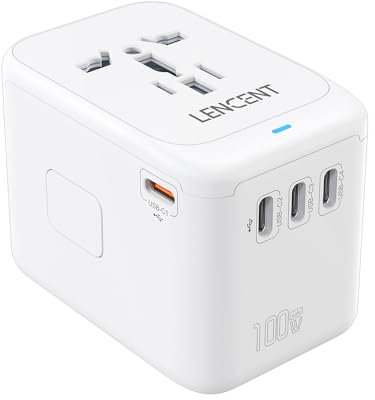 LENCENT Adaptador de Viaje Internacional GAN 100W, Adaptador Universal con 1 USB-A & 4 USB-C Carga Rápida, Adaptador Enchufe para Móvil, Portátil, Tipo A/C/G/I (EE.UU./UK/EU/AUS), Blanco