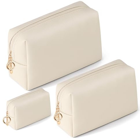 3 Stück Kosmetiktasche Große für Damen Multifunktional Kulturtasche Set PU Leder Schminktasche Kulturbeutel Damen Mädchen Reise Kosmetiktäschchen Tragbare Kosmetik Parfüm Tasche Organizer(Beige)