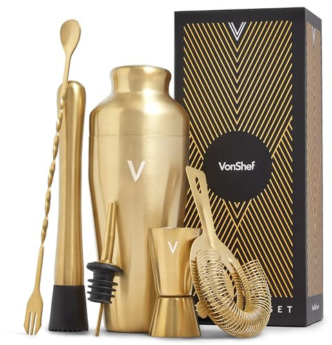 VonShef Cocktail Shaker Set, Black 6pc Set with 550ml Parisian Cocktail Shaker, Professional Bartender Set for Home Bar, Including Strainer, Muddler, Jigger & Other Bar Accessories, Gift Box Included