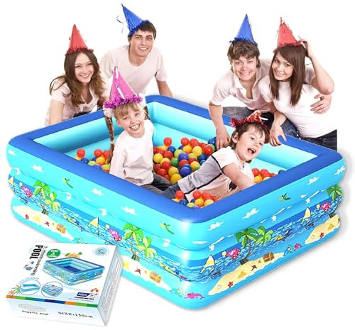 Piscina inflable para niños, piscina rectangular de 150 cm para niños, piscina infantil fácil de usar, 3 anillos con suelo inflable suave para exteriores, patio trasero y fiesta acuática de verano