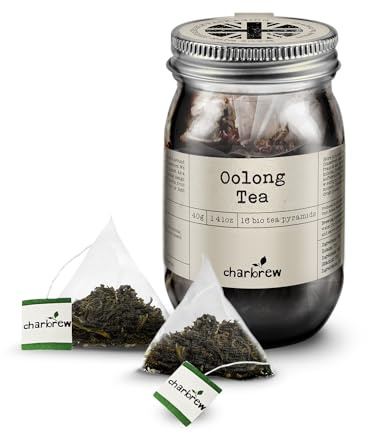 Charbrew Oolong Tea - 16 Fine Mesh Pyramid Teabags with String & Tag in Reusable Glass Mason Jar | Premium Tea Blend