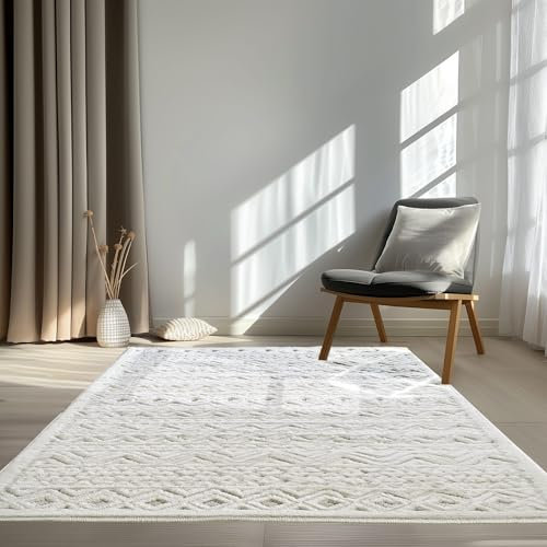 In & Outdoor Teppich Barcelona Wetterfest Balkon Boho Wohnzimmer Küche Skandinavisch Muster Einfarbig 3D Effekt Modern weiß Karos Zigzak 080x250 cm