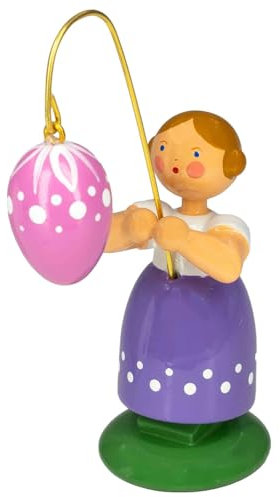 Seiffener Volkskunst Jan Legler | Handgeschnitzte Erzgebirge Frühlingsbote Ostermädchen Dekofigur | Traditionelle Dekoration für Ostern | Osterschmuck 8.5 cm | mit rosa Ei