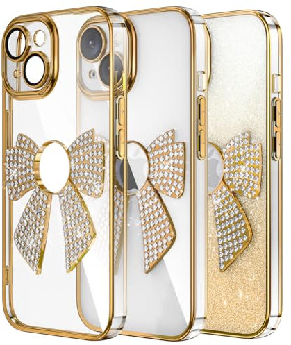 IMEIKONST Compatible with iPhone 14 Plus Phone Case, Glitter Camera Protector Case Bling Shining Diamond Bow Elegant Design Soft TPU Thin Slim Fit Rubber Bumper Cover for iPhone 14 Plus. Gold KDH