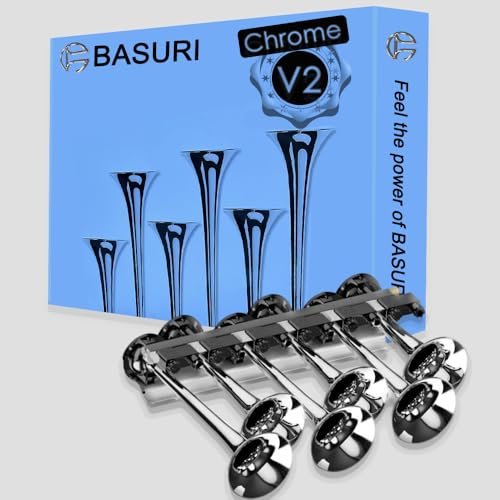 Neu Baby Shark 2.0 | Basuri Musical Melodie Trompen | 12 – 24 V | 130 dB 6 Super Starke Trompete | 18 Sounds für LKW, Traktor, Landwirtschaft, 4 x 4, Van, Auto | Chrom Version
