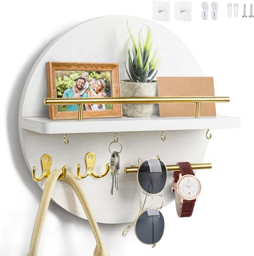 Dxiunove Schlüsselboard Vintage Holz mit Ablage Schlüsselbrett Rund Schlüsselhalter für Zuhause Dekorative Wandmontage Schlüsselbrett mit Vintage Charme(weiß)