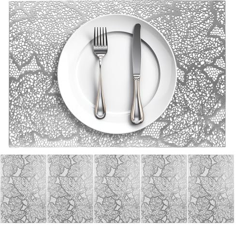 Terafeels Platzsets PVC Hitzebeständige Tischsets Abwischbar Leicht zu Reinigende Tischsets für Esszimmer und Dekor 6er Set 45 x 35 cm Silber,10404