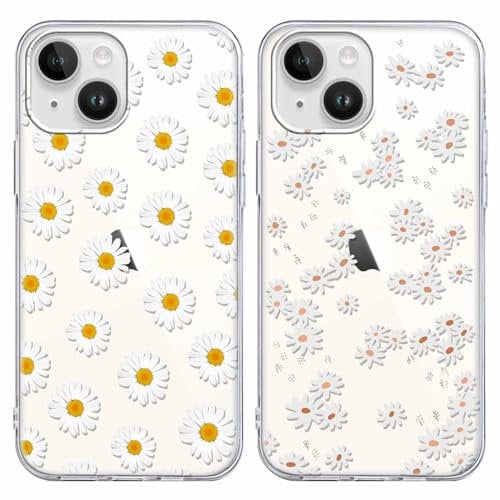 Foonary 2 Pack Clear Print Phone Case Compatible with iPhone 14/iPhone 13 6.1,Soft Silicone with Daisy Flower Design Aesthetics Transparent Pattern Cases, Shockproof Bumper Protector Cover