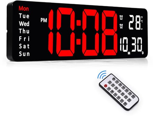 Sukeen Digitale Wanduhr, 13 Digitaluhr Wanduhr Digitaler Wecker mit Fernbedienung, Count Up & Down, 10-stufiges Dimmen, Dual Alarm, Datum, Temperatur für Zuhause, Fitnessstudio, Büro, Garage-Rot