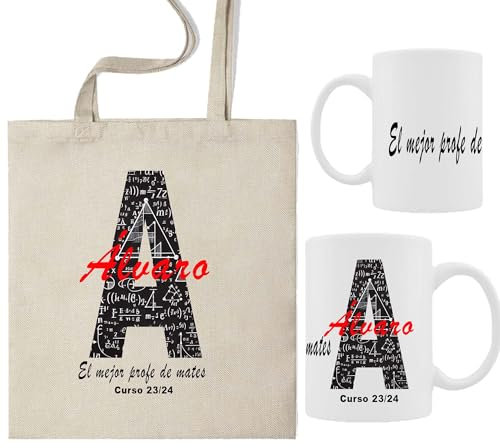 ELISA BOTELLA Pack taza profe + bolsa de tela, kit regalo fin de curso para la profe, bolsa de tela con taza, regalo fin de curso profesores de matematicas, pack personalizado
