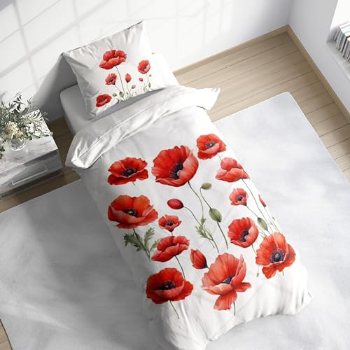 MTOnlinehandel Mohnblume Bettwäsche Set 100% Baumwolle, 1 Kissenbezug 80x80 cm + 1 Bettbezug 135x200 cm, Reißverschluss, hautfreundlich, sanft, weiche Blumen Satinbettwäsche (Mohnblume)