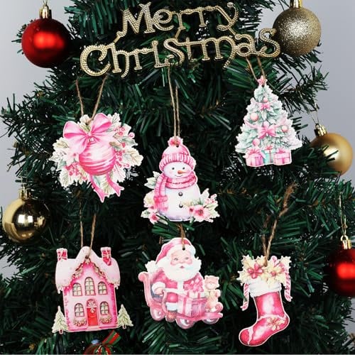 Jollyboom Wooden Christmas Ornaments - Pink, 24 Pcs Tree Hanging Ornaments: Santa Claus, Snowman, Winter Holiday Party