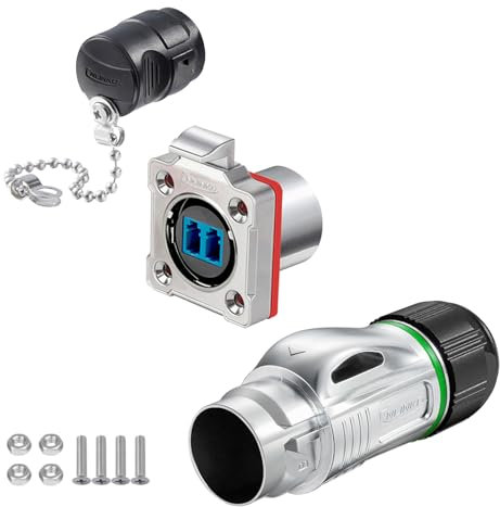 CNLINKO BD-24 Conector de fibra óptica, LC monomodo de doble núcleo, Toma para montaje en panel, Clavija metálica de aviación, Conector estanco IP68 para electrónica de Internet (Set de fibra óptica)