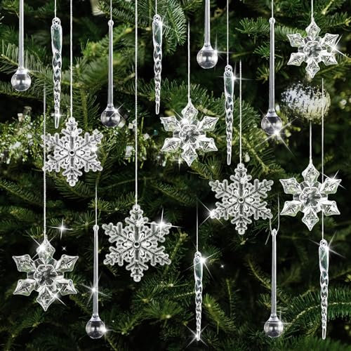 40 Stück Weihnachtsbaumschmuck, Acryl Schneeflocken Eiszapfen Anhänger Christmas Decorations,DIY Kristall Christbaumschmuck Weihnachten Deko