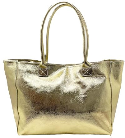 Chicca Borse Borsa a Spalla Shopper Grande da Donna in Pelle (Oro)