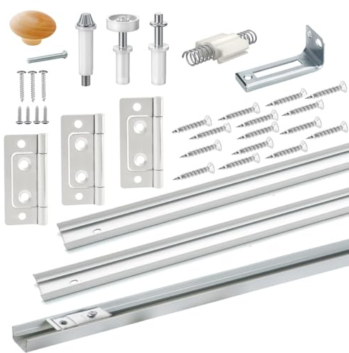 Bifold Closet Door Hardware Kit with Tracks, Folding Door Hardware Replacements Part Included Full Accessories, Top Guide Wheels, Top Pivot, Bottom Pivot, Hinges and Segmented Track (36 Inch)