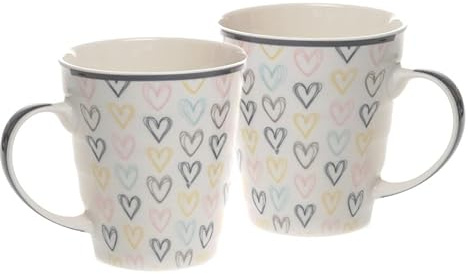 mucHome Kaffeebecher Herzen aus Porzellan, 340 ml, Ø 9 cm, Höhe 9,5 cm, creme weiß mit bunten Herzchen (2er Set Kaffeebecher)