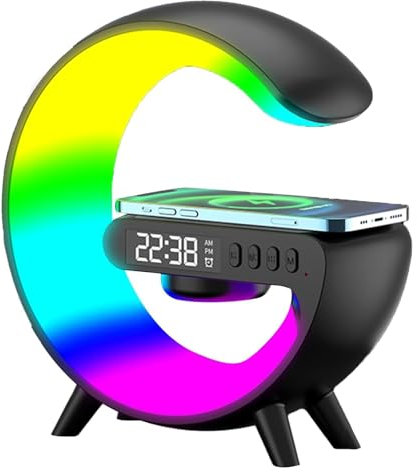 DengFen G-shaped Lamp Mobile Phone Charger, Bluetooth Speaker Wireless Charger, 10W Wireless Charging, Six Atmosphere Lamp Modes, Time Alarm Clock Charger Stand Home Bedside Lamp(Black)