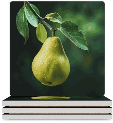 4PCS Coasters for Drinks Ceramic Coffee Coasters with Cork Backing Personalized Pears on The Tree Square Funny Coaster for Table Protection Coffee Table Decor