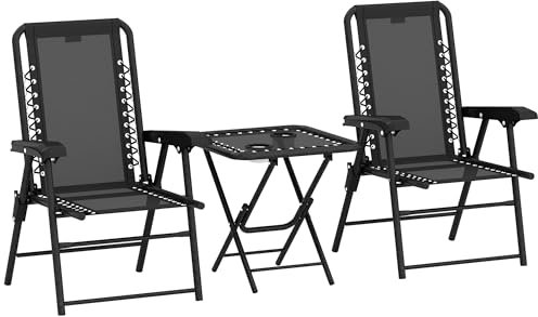Outsunny 3 Pieces Garden Bistro Set, Folding Table and Chairs Set, Metal Garden Furniture Set with Cup Holders for Outdoor, Patio, Balcony, Black