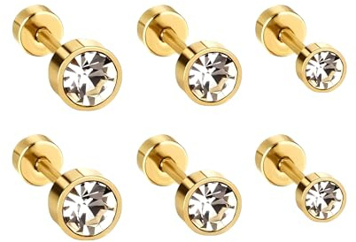18G Surgical Steel Round CZ Cubic Zirconia Stud Earrings Set for Women Men | 3 Pairs 3-5mm Hypoallergenic Cartilage Jewellery | Flat Back Screw Lock for Tragus, Helix & Barbell Piercings