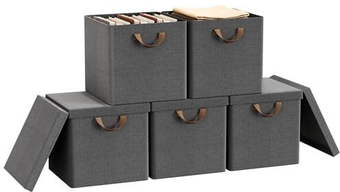 WOLTU Faltbare Aufbewahrungsboxen 5 Stück, Stoffboxen mit Deckel und Metallrahmen, Aufbewahrungswürfel für Wohnzimmer, Schlafzimmer, Arbeitszimmer, Mehrzweck, Grau, 33x33x31,5cm