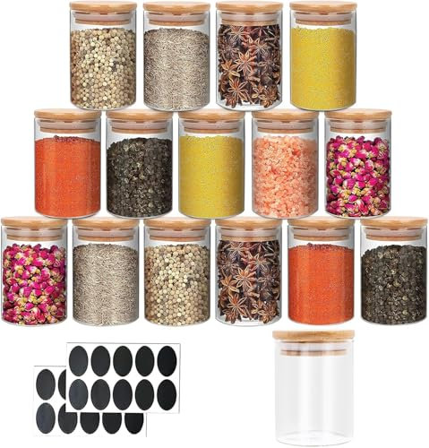 Lot de 16 pots à épices en verre transparent de 236,8 g avec couvercles en bambou et étiquette, boîtes à épices en verre transparent pour la maison, le café, le thé, le sucre, le sel, la farine, les
