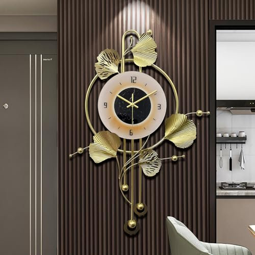 KHCCJP Large Decorative Wall Clock - Modern Silent Non-Ticking Wall Clocks - Metal Iron Ginkgo Leaf Design Fancy Style Wall Quartz Clock for Living Room Bedroom Hotel Porch (Gold, 70x52CM)